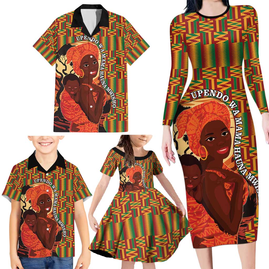 African-American Mother's Day Family Matching Long Sleeve Bodycon Dress and Hawaiian Shirt Black Mom And Son Kente Pattern