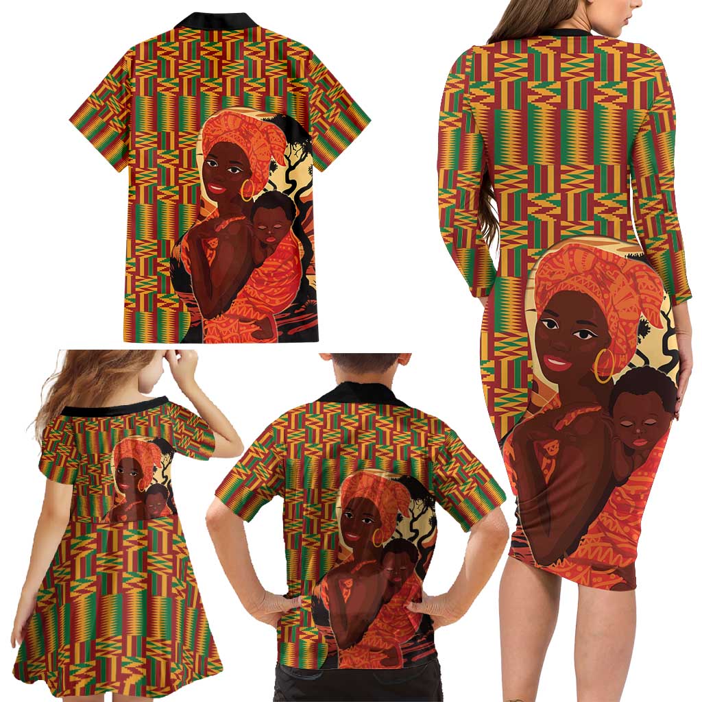 African-American Mother's Day Family Matching Long Sleeve Bodycon Dress and Hawaiian Shirt Black Mom And Son Kente Pattern