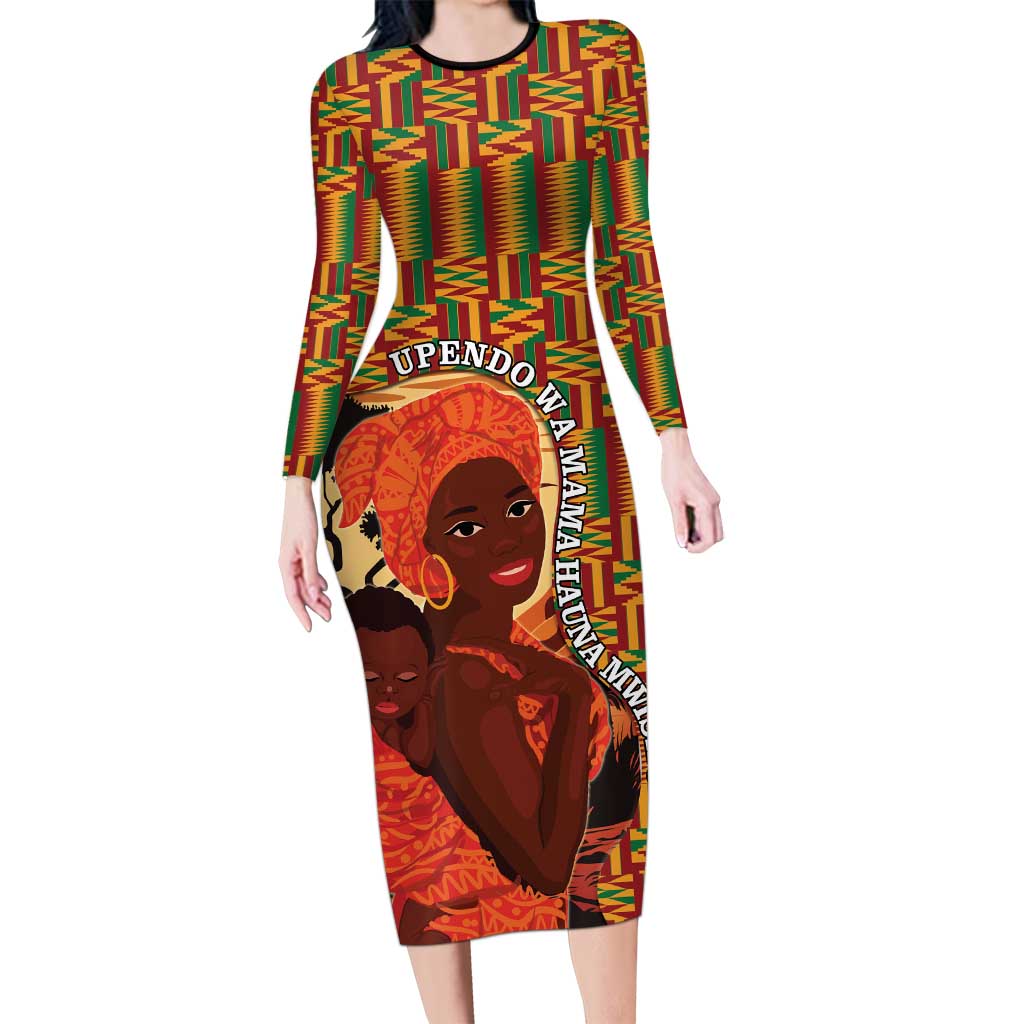 African-American Mother's Day Family Matching Long Sleeve Bodycon Dress and Hawaiian Shirt Black Mom And Son Kente Pattern