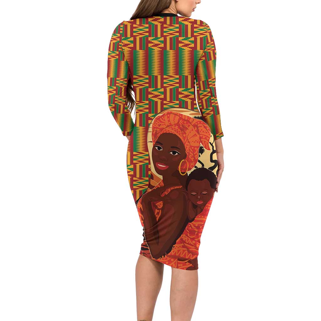 African-American Mother's Day Family Matching Long Sleeve Bodycon Dress and Hawaiian Shirt Black Mom And Son Kente Pattern