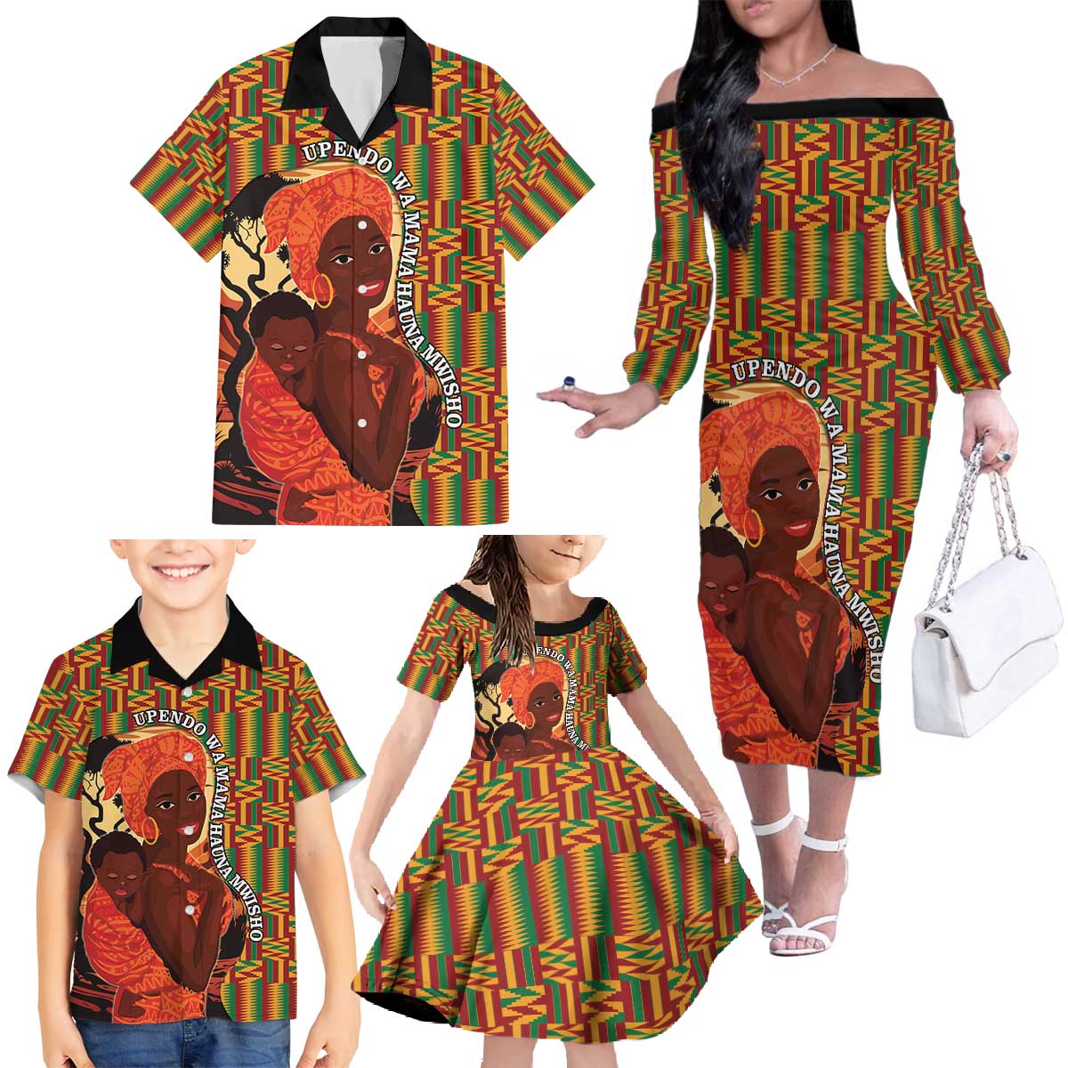 African-American Mother's Day Family Matching Off The Shoulder Long Sleeve Dress and Hawaiian Shirt Black Mom And Son Kente Pattern