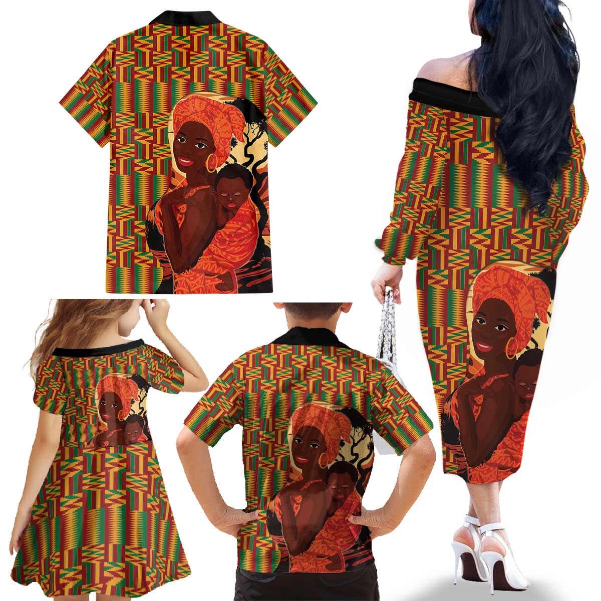 African-American Mother's Day Family Matching Off The Shoulder Long Sleeve Dress and Hawaiian Shirt Black Mom And Son Kente Pattern