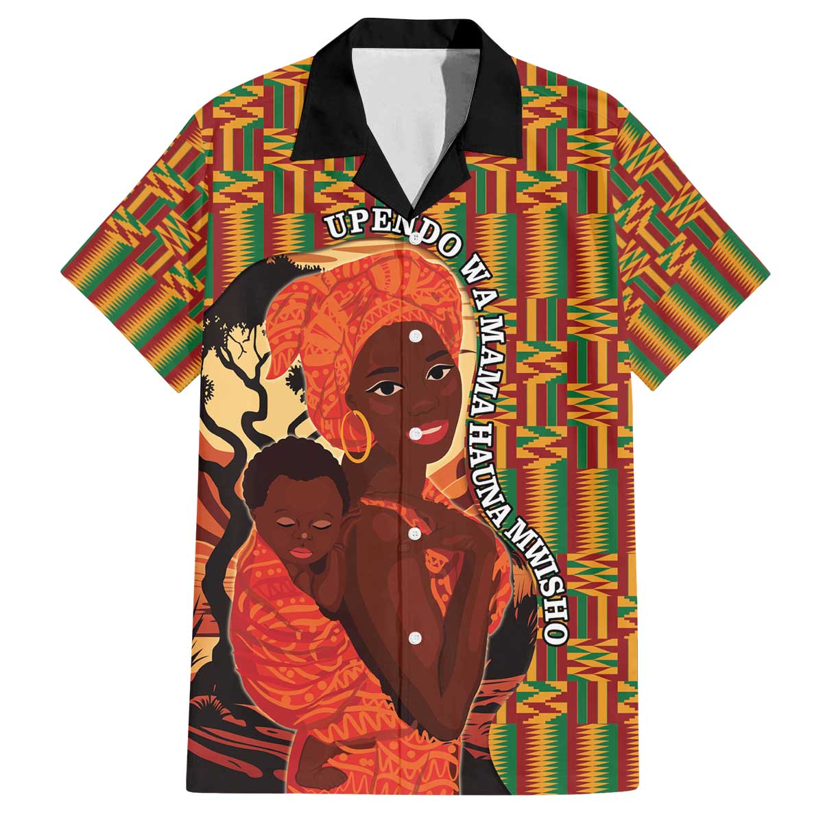 African-American Mother's Day Family Matching Off The Shoulder Long Sleeve Dress and Hawaiian Shirt Black Mom And Son Kente Pattern