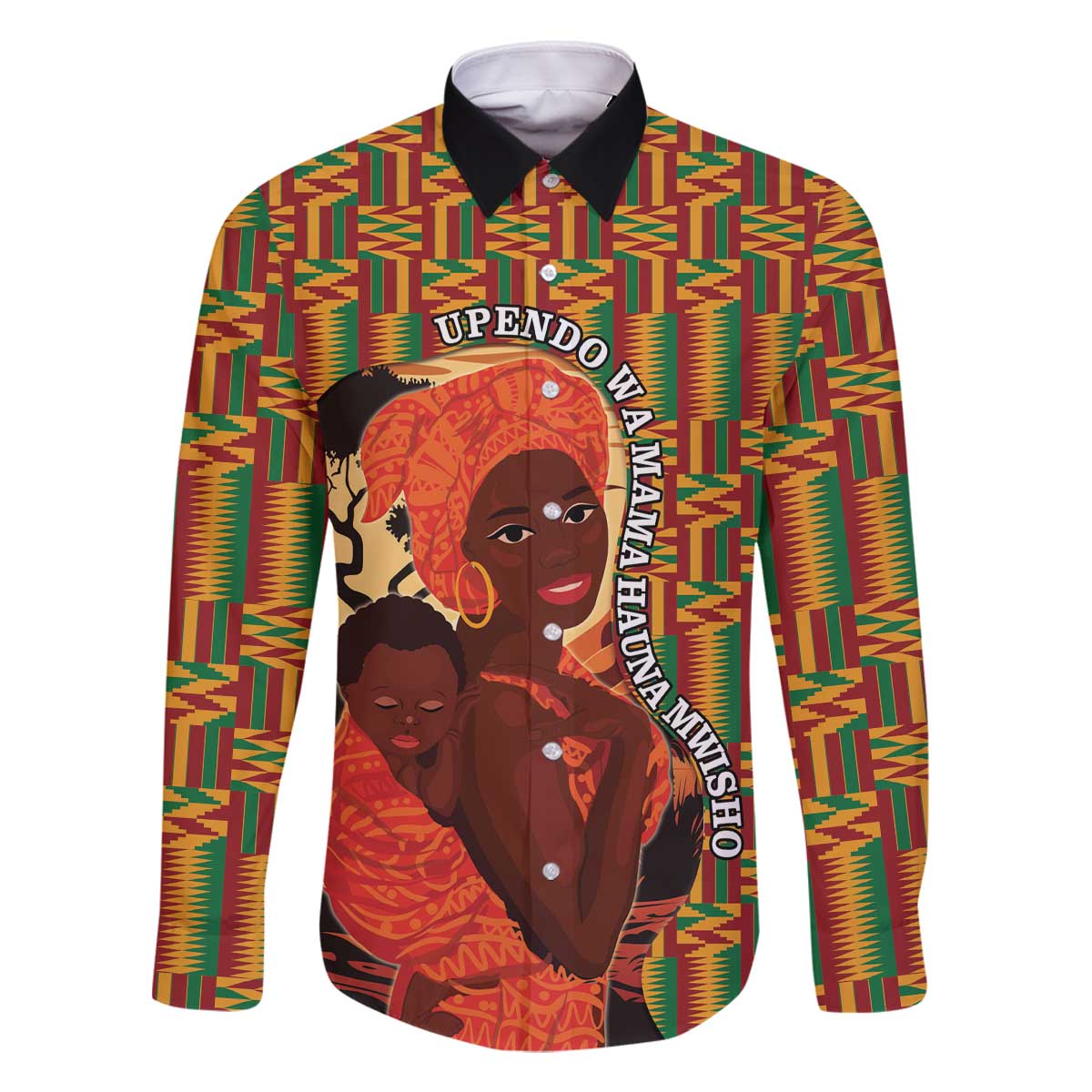 African-American Mother's Day Family Matching Off The Shoulder Long Sleeve Dress and Hawaiian Shirt Black Mom And Son Kente Pattern