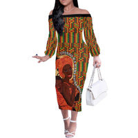 African-American Mother's Day Family Matching Off The Shoulder Long Sleeve Dress and Hawaiian Shirt Black Mom And Son Kente Pattern