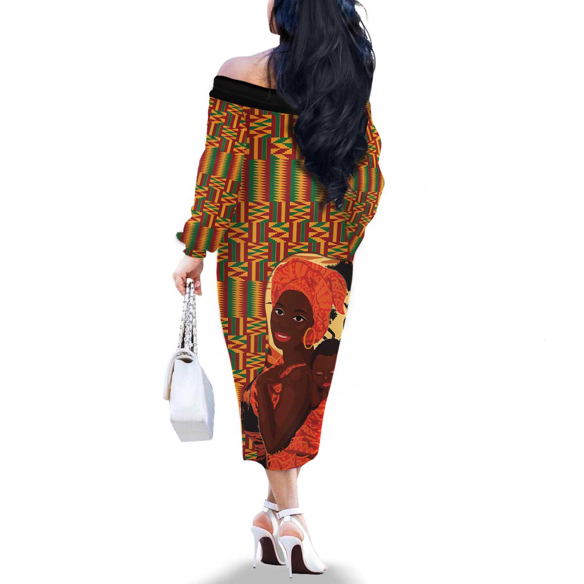 African-American Mother's Day Family Matching Off The Shoulder Long Sleeve Dress and Hawaiian Shirt Black Mom And Son Kente Pattern