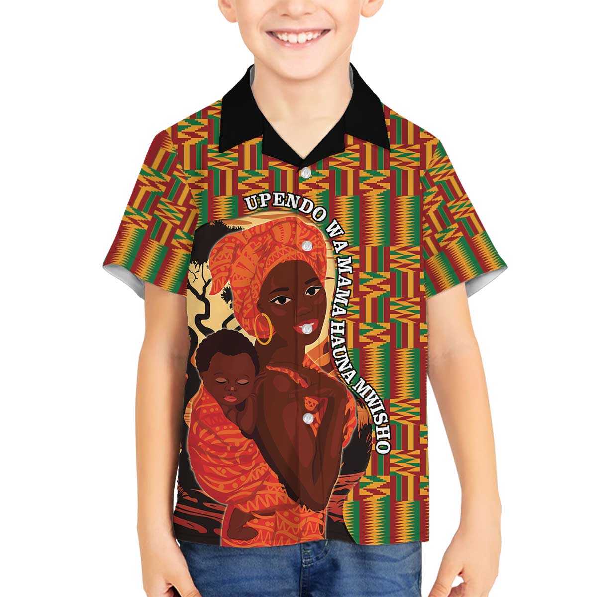 African-American Mother's Day Family Matching Off The Shoulder Long Sleeve Dress and Hawaiian Shirt Black Mom And Son Kente Pattern