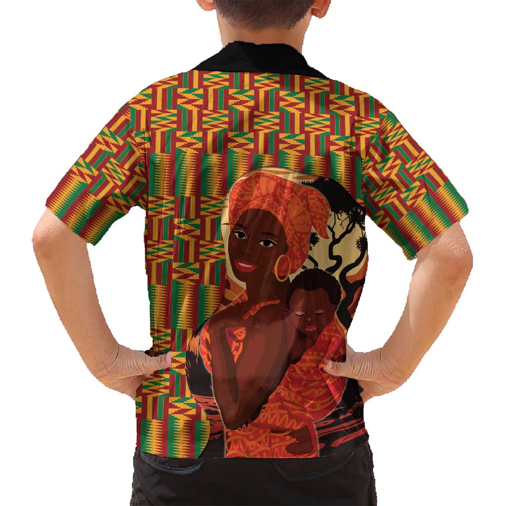 African-American Mother's Day Family Matching Off Shoulder Maxi Dress and Hawaiian Shirt Black Mom And Son Kente Pattern