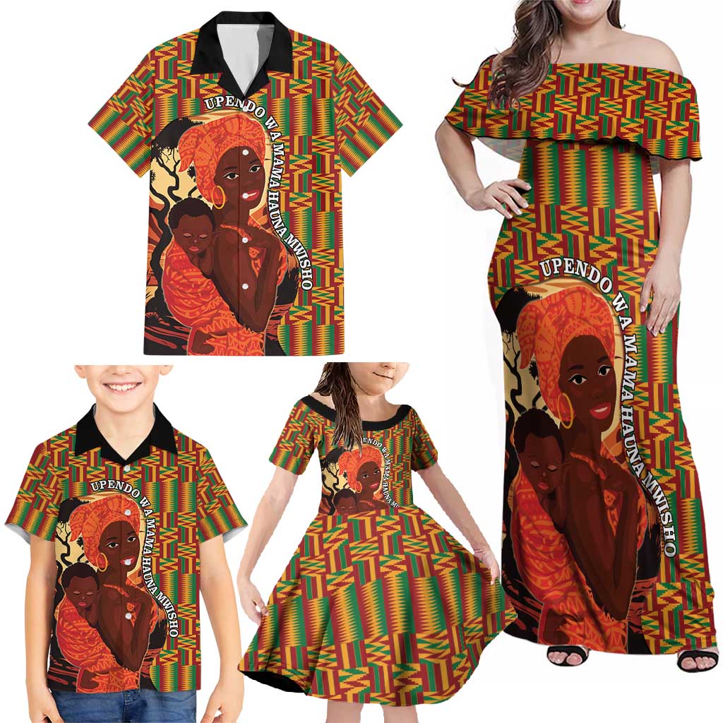 African-American Mother's Day Family Matching Off Shoulder Maxi Dress and Hawaiian Shirt Black Mom And Son Kente Pattern
