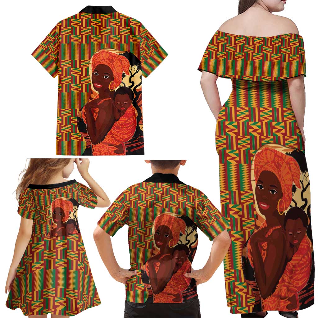 African-American Mother's Day Family Matching Off Shoulder Maxi Dress and Hawaiian Shirt Black Mom And Son Kente Pattern