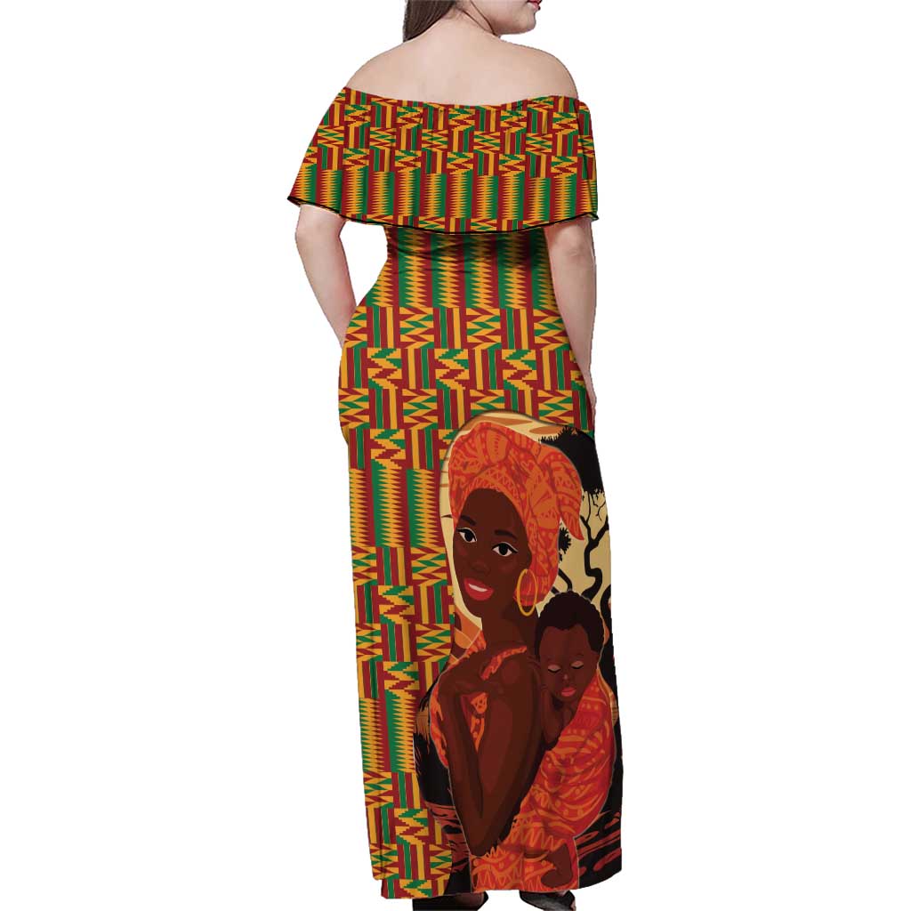 African-American Mother's Day Family Matching Off Shoulder Maxi Dress and Hawaiian Shirt Black Mom And Son Kente Pattern
