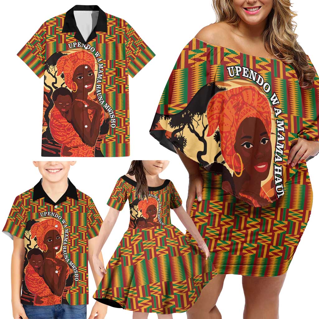 African-American Mother's Day Family Matching Off Shoulder Short Dress and Hawaiian Shirt Black Mom And Son Kente Pattern