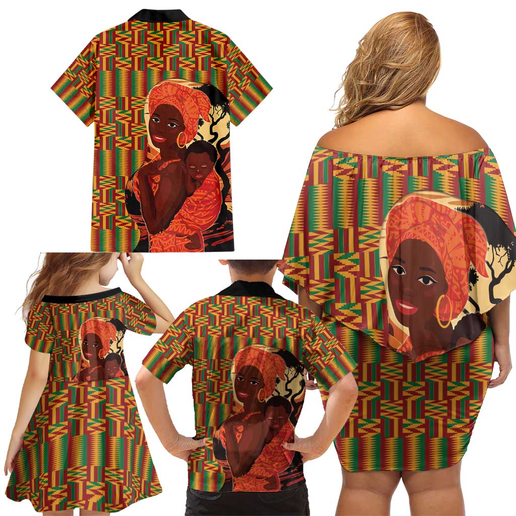 African-American Mother's Day Family Matching Off Shoulder Short Dress and Hawaiian Shirt Black Mom And Son Kente Pattern