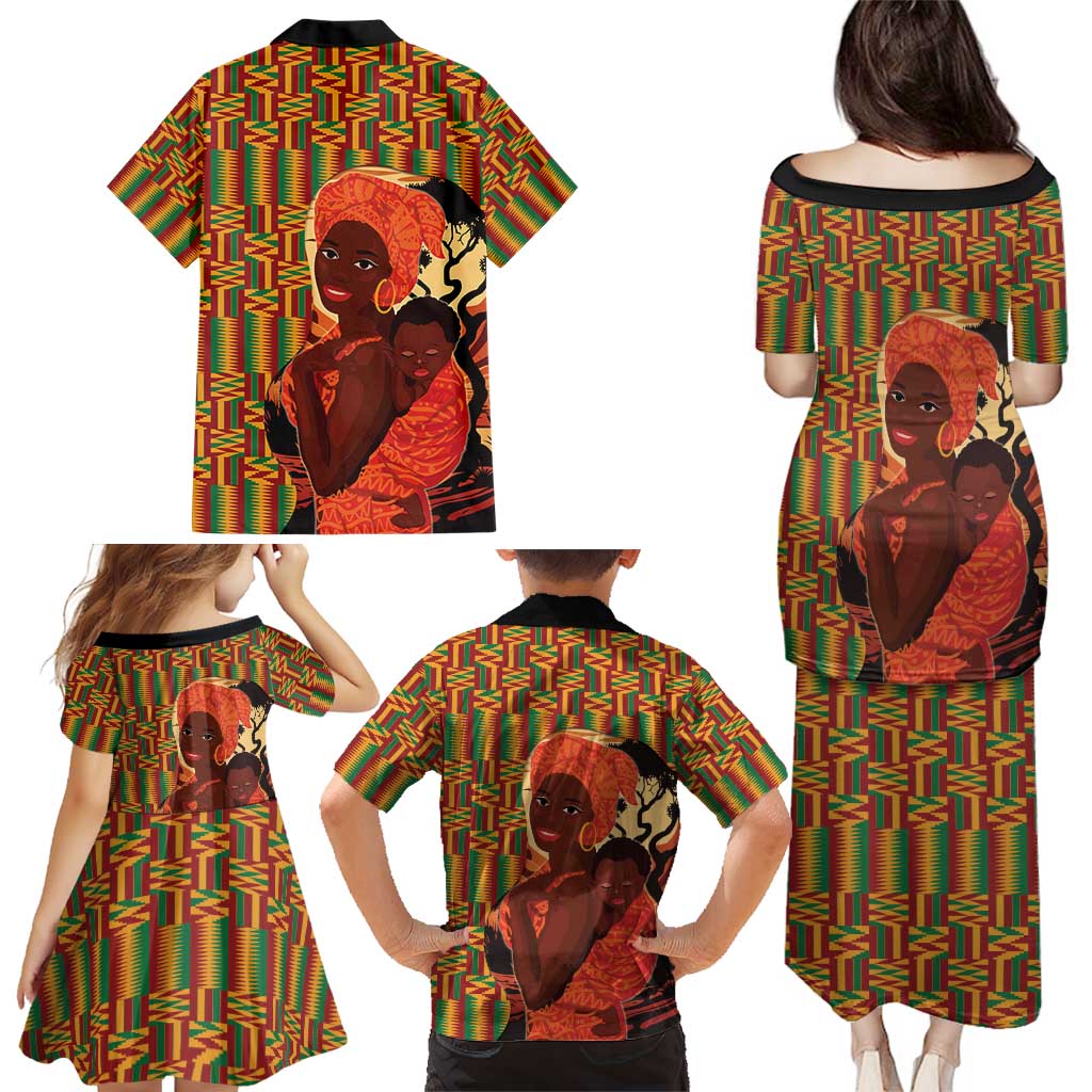 African-American Mother's Day Family Matching Puletasi and Hawaiian Shirt Black Mom And Son Kente Pattern