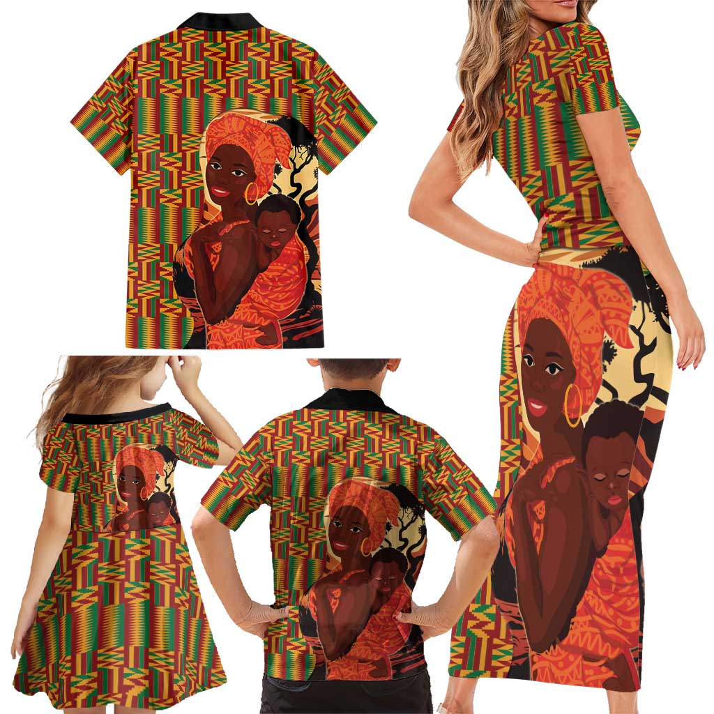 African-American Mother's Day Family Matching Short Sleeve Bodycon Dress and Hawaiian Shirt Black Mom And Son Kente Pattern
