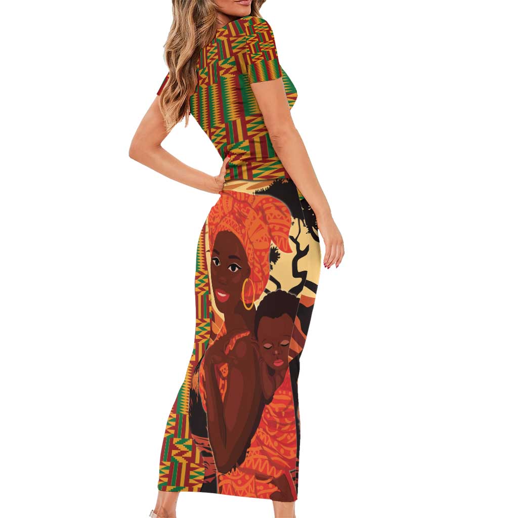 African-American Mother's Day Family Matching Short Sleeve Bodycon Dress and Hawaiian Shirt Black Mom And Son Kente Pattern