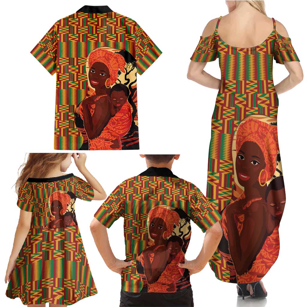African-American Mother's Day Family Matching Summer Maxi Dress and Hawaiian Shirt Black Mom And Son Kente Pattern
