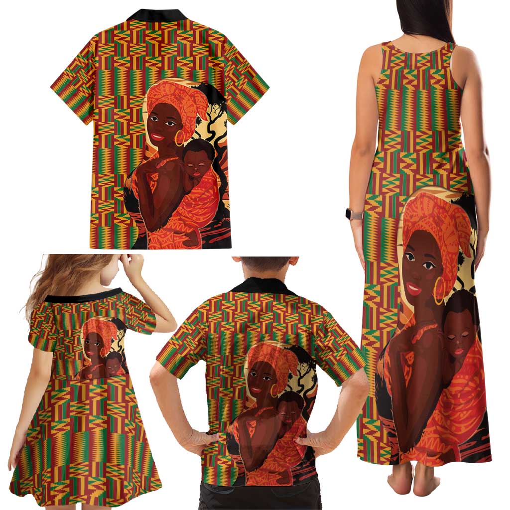 African-American Mother's Day Family Matching Tank Maxi Dress and Hawaiian Shirt Black Mom And Son Kente Pattern