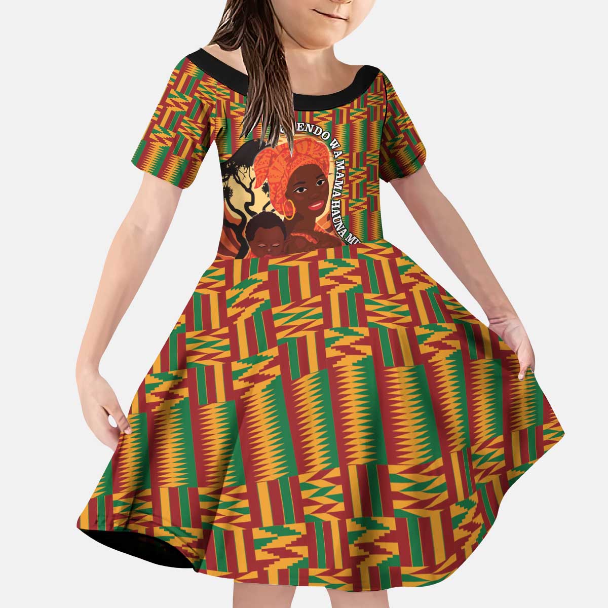 African-American Mother's Day Kid Short Sleeve Dress Black Mom And Son Kente Pattern