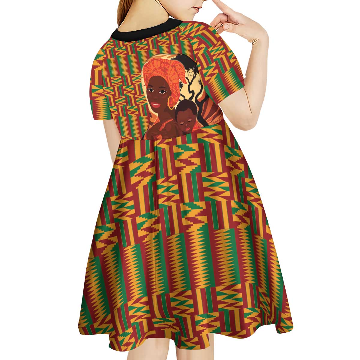 African-American Mother's Day Kid Short Sleeve Dress Black Mom And Son Kente Pattern