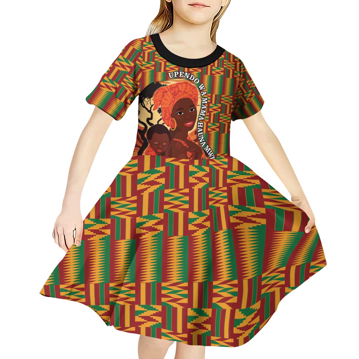 African-American Mother's Day Kid Short Sleeve Dress Black Mom And Son Kente Pattern