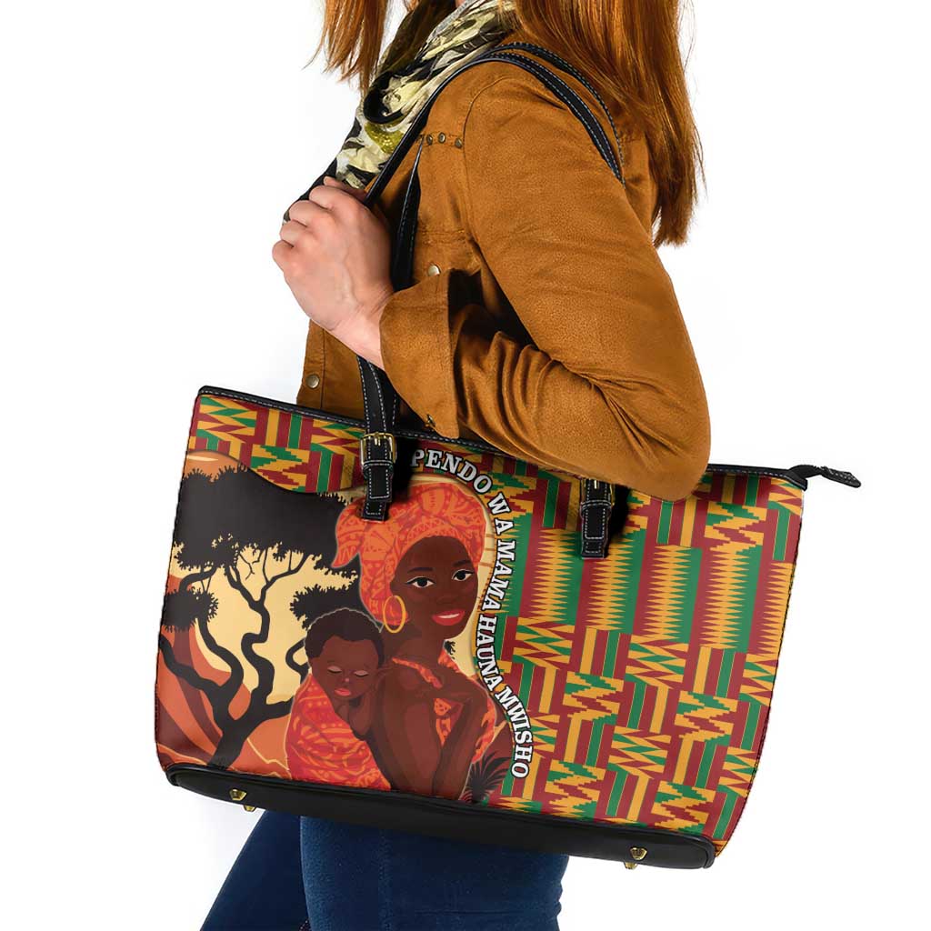 African-American Mother's Day Leather Tote Bag Black Mom And Son Kente Pattern