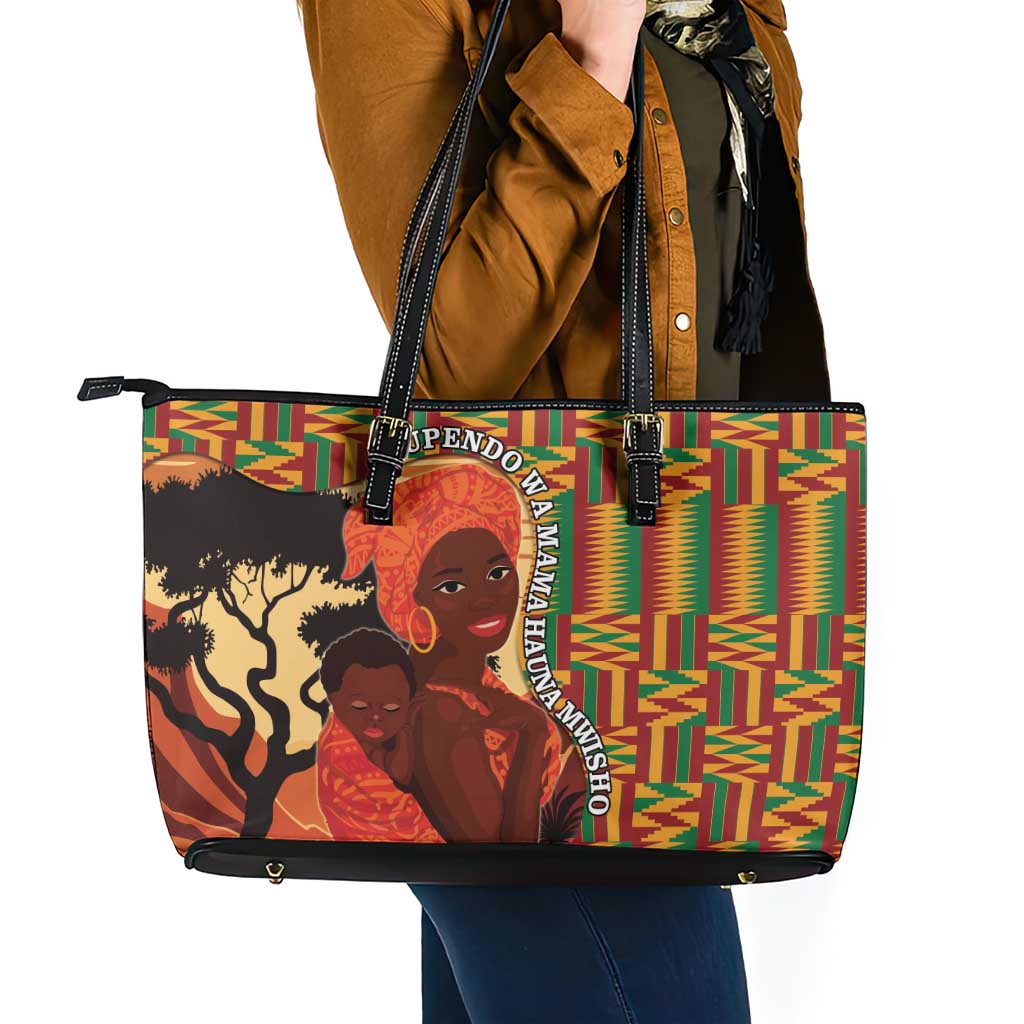 African-American Mother's Day Leather Tote Bag Black Mom And Son Kente Pattern