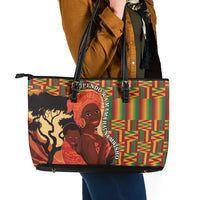 African-American Mother's Day Leather Tote Bag Black Mom And Son Kente Pattern