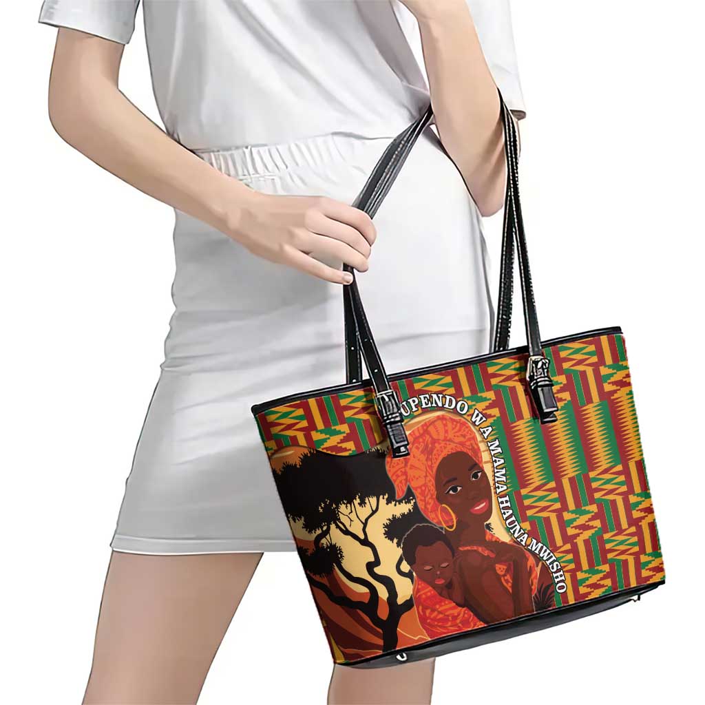 African-American Mother's Day Leather Tote Bag Black Mom And Son Kente Pattern