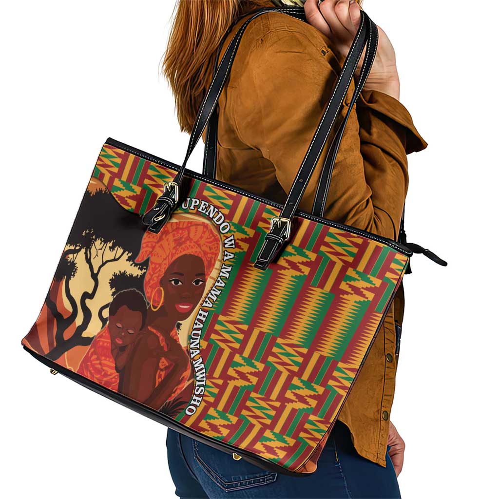 African-American Mother's Day Leather Tote Bag Black Mom And Son Kente Pattern