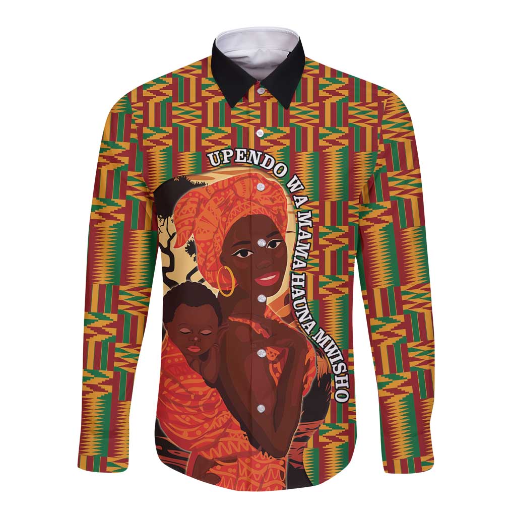 African-American Mother's Day Long Sleeve Button Shirt Black Mom And Son Kente Pattern