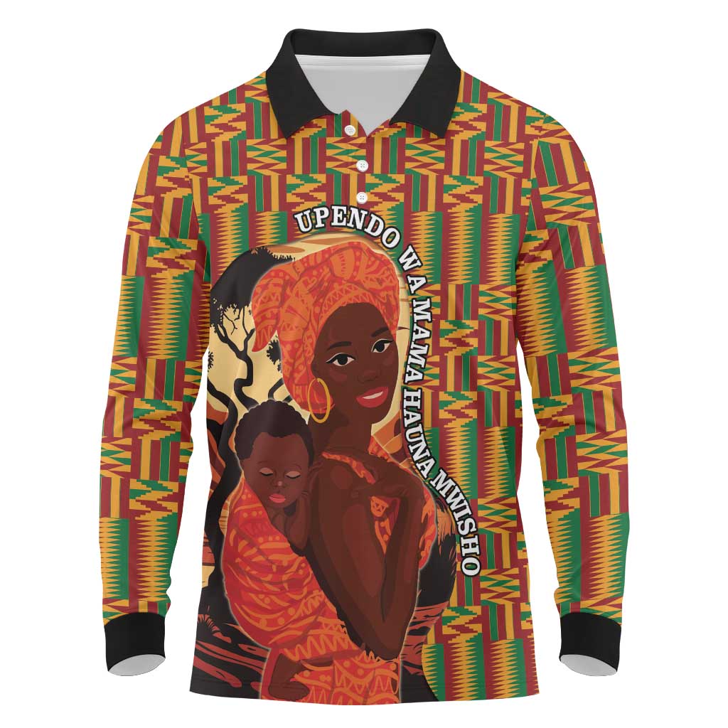 African-American Mother's Day Long Sleeve Polo Shirt Black Mom And Son Kente Pattern