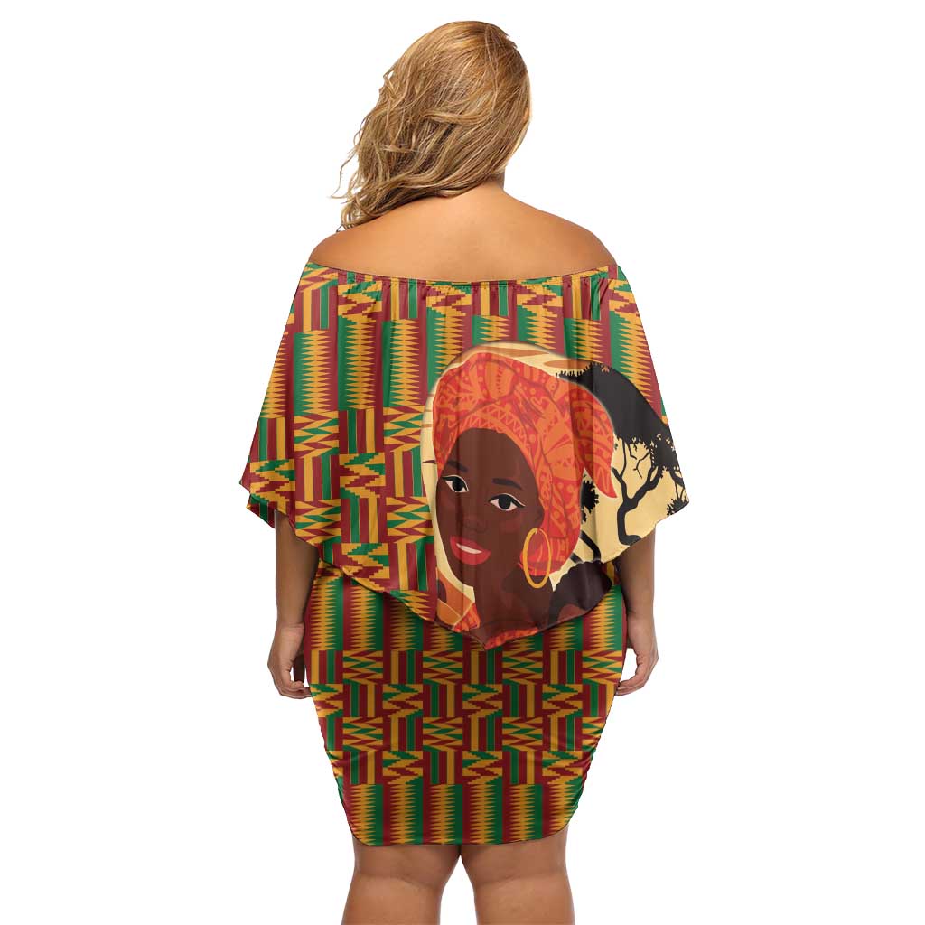 African-American Mother's Day Off Shoulder Short Dress Black Mom And Son Kente Pattern