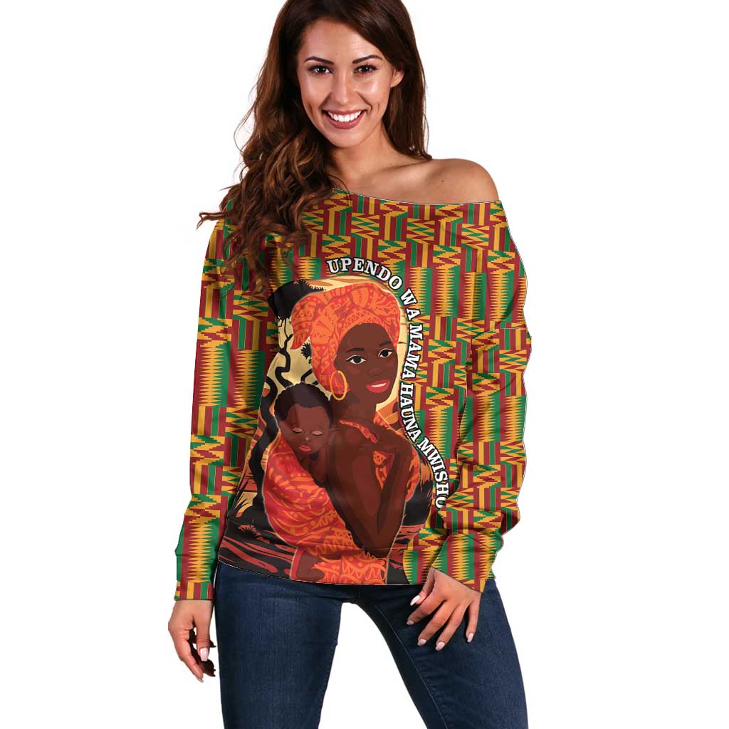African-American Mother's Day Off Shoulder Sweater Black Mom And Son Kente Pattern