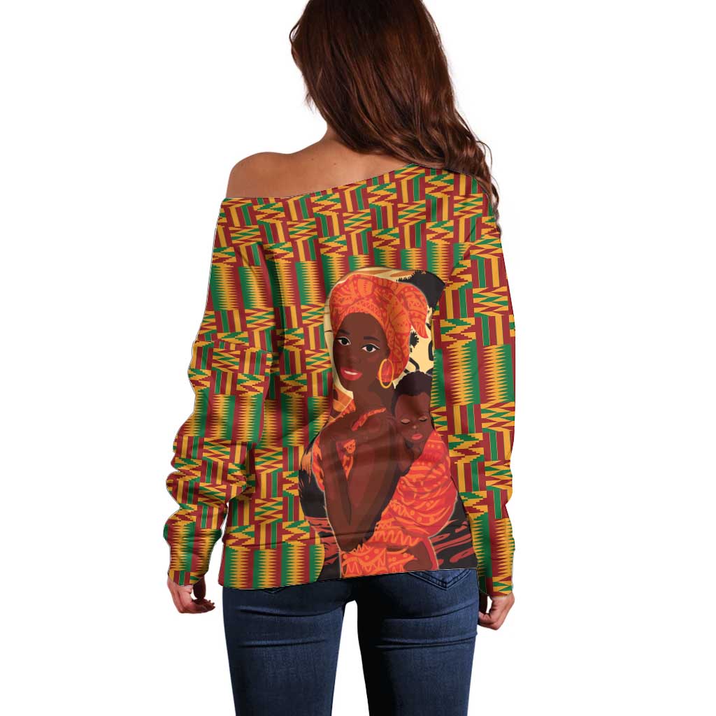 African-American Mother's Day Off Shoulder Sweater Black Mom And Son Kente Pattern