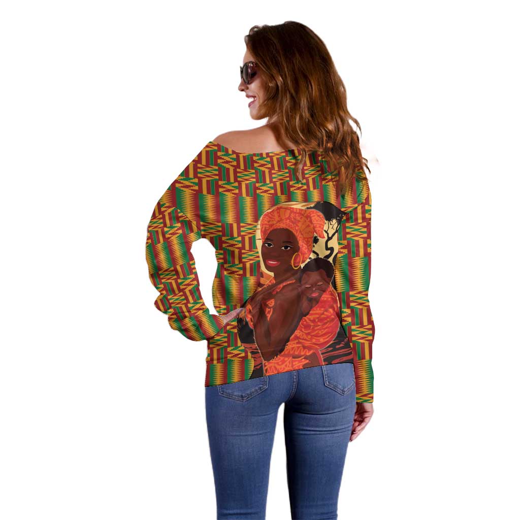 African-American Mother's Day Off Shoulder Sweater Black Mom And Son Kente Pattern