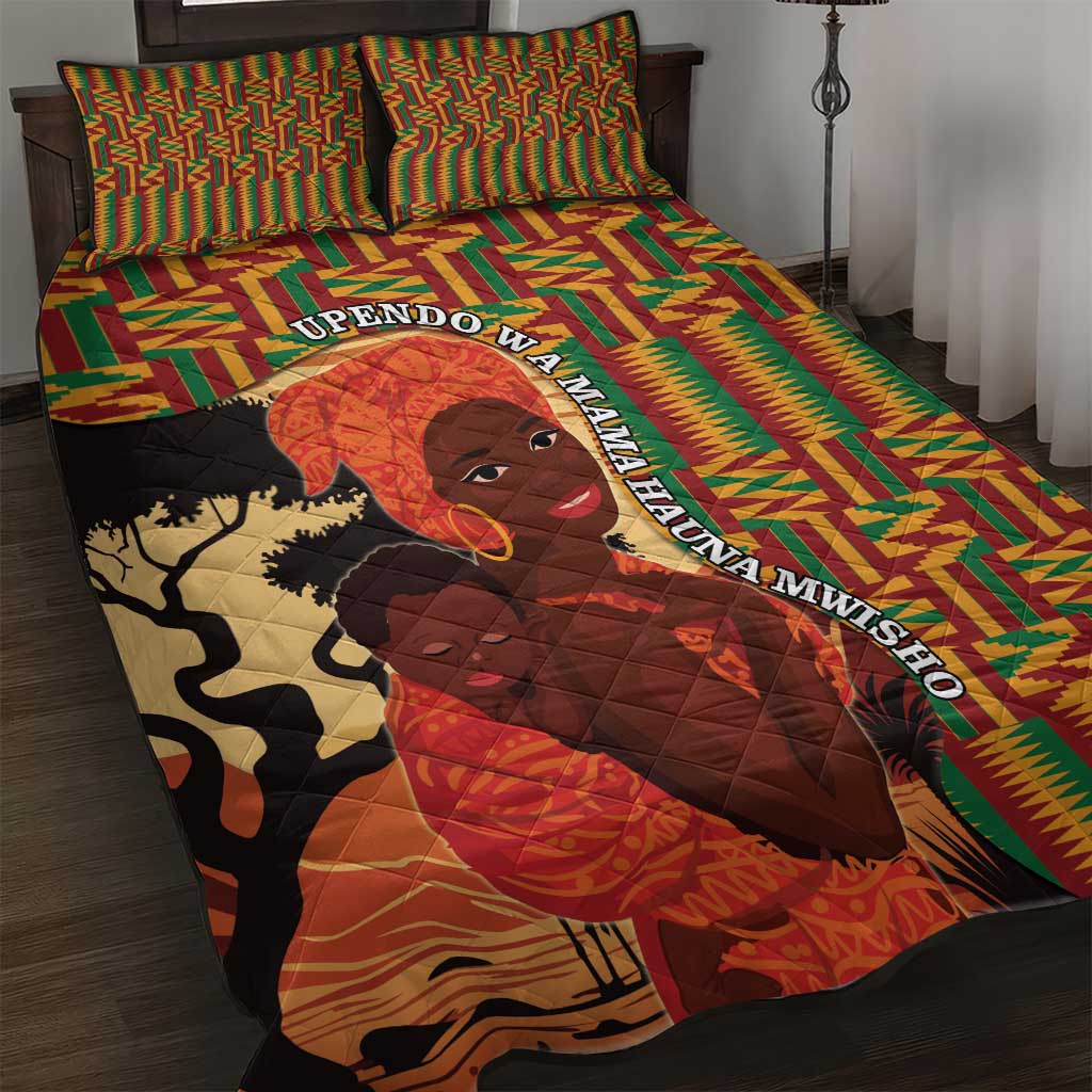 African-American Mother's Day Quilt Bed Set Black Mom And Son Kente Pattern
