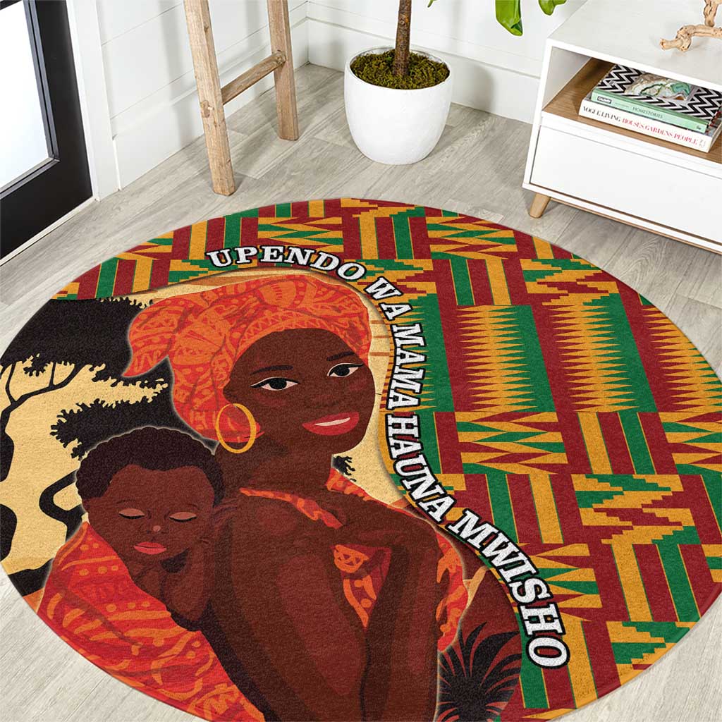 African-American Mother's Day Round Carpet Black Mom And Son Kente Pattern