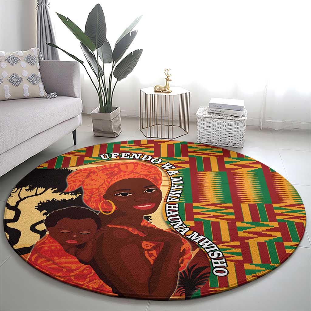 African-American Mother's Day Round Carpet Black Mom And Son Kente Pattern