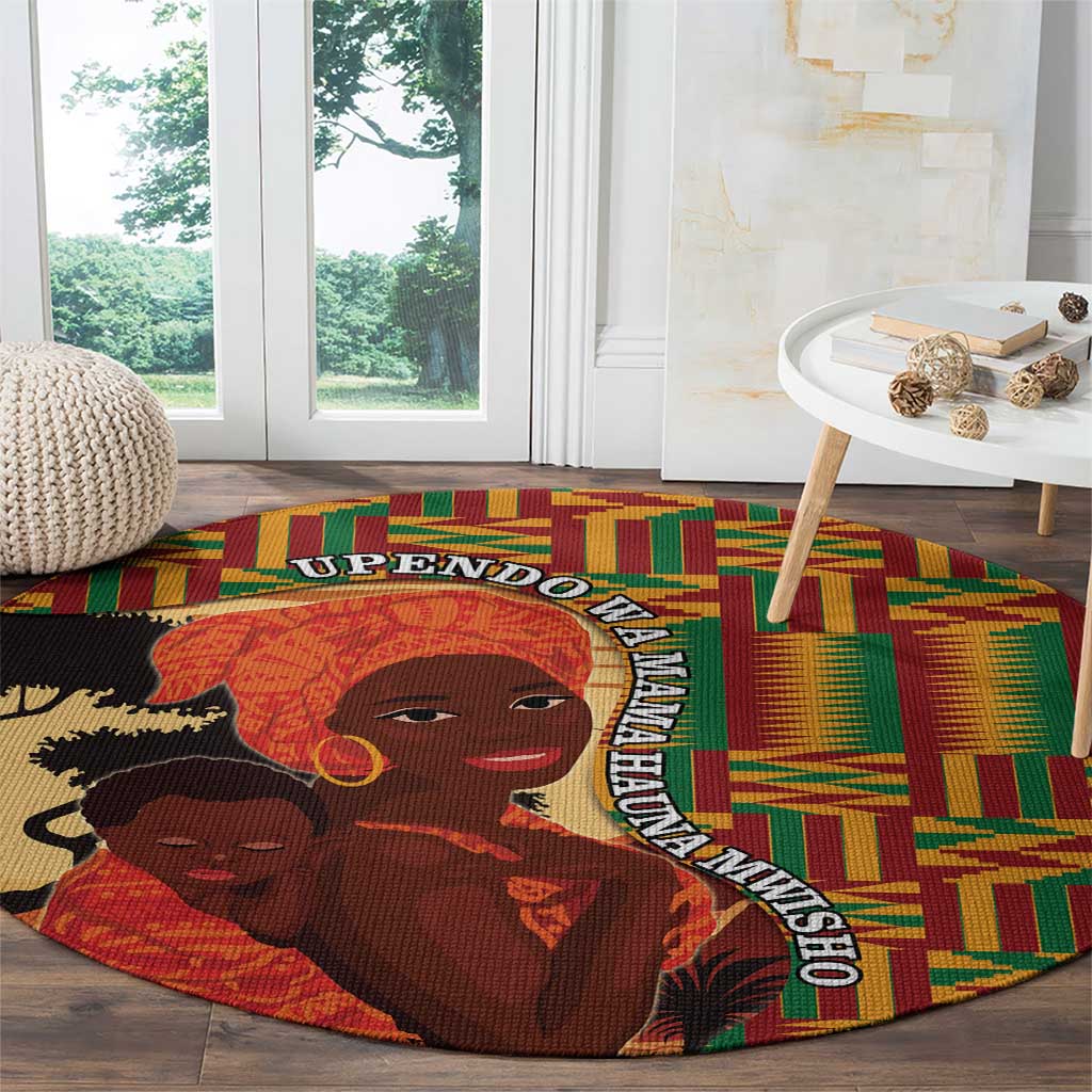 African-American Mother's Day Round Carpet Black Mom And Son Kente Pattern