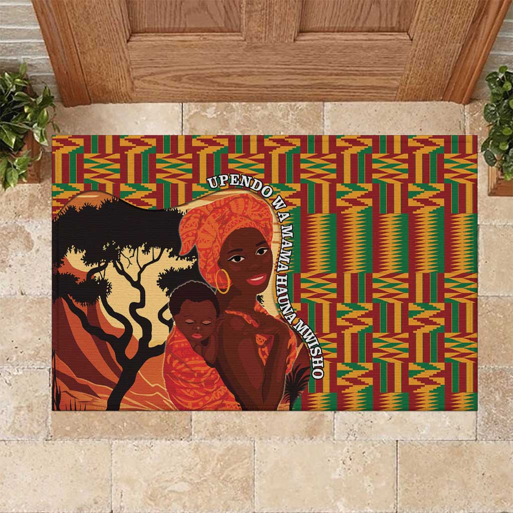 African-American Mother's Day Rubber Doormat Black Mom And Son Kente Pattern