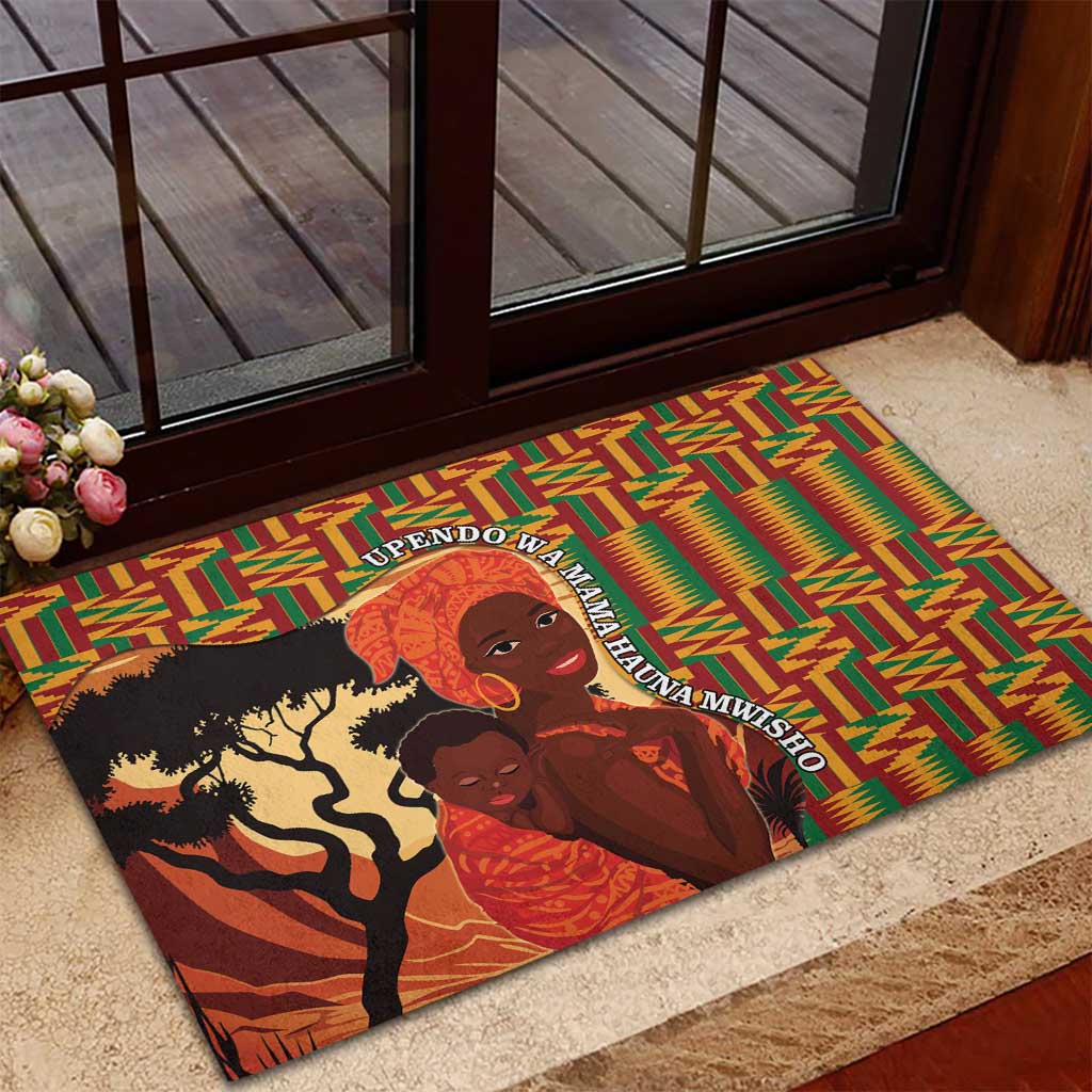 African-American Mother's Day Rubber Doormat Black Mom And Son Kente Pattern
