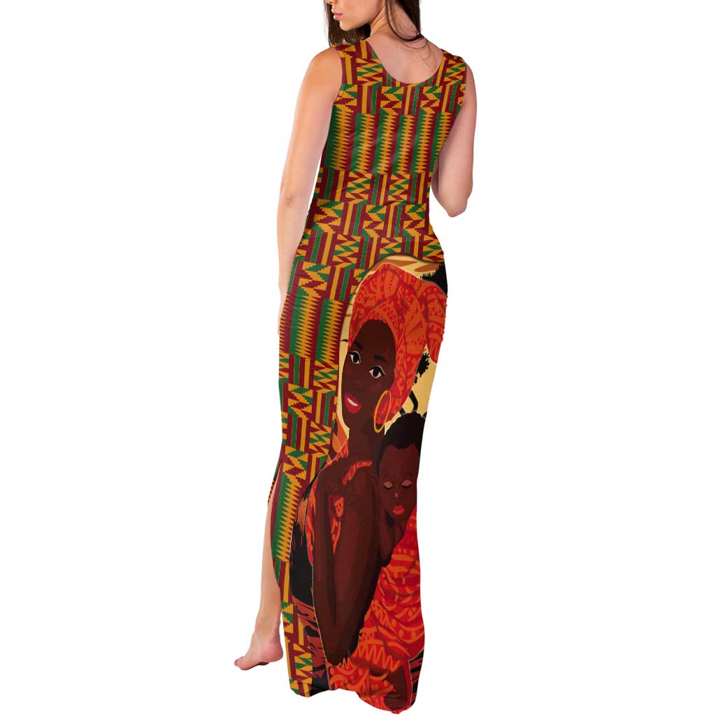 African-American Mother's Day Tank Maxi Dress Black Mom And Son Kente Pattern