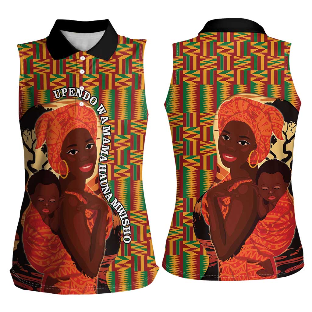 African-American Mother's Day Women Sleeveless Polo Shirt Black Mom And Son Kente Pattern