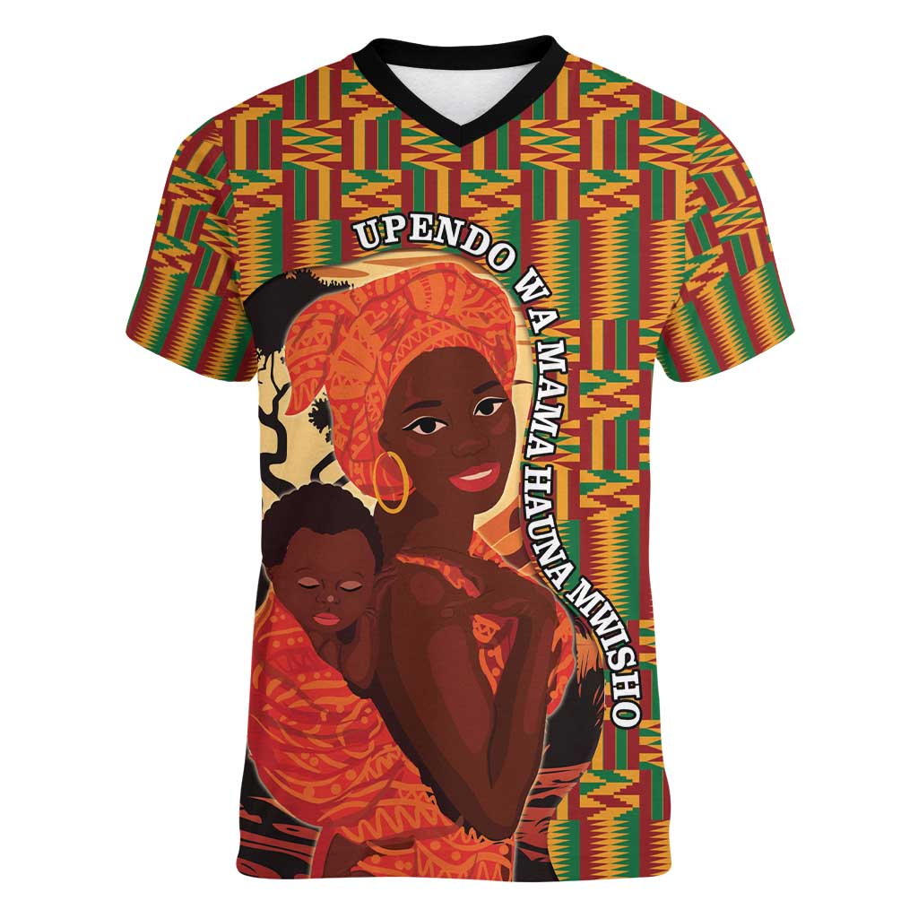 African-American Mother's Day Women V-Neck T-Shirt Black Mom And Son Kente Pattern