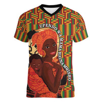 African-American Mother's Day Women V-Neck T-Shirt Black Mom And Son Kente Pattern