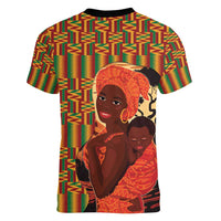 African-American Mother's Day Women V-Neck T-Shirt Black Mom And Son Kente Pattern