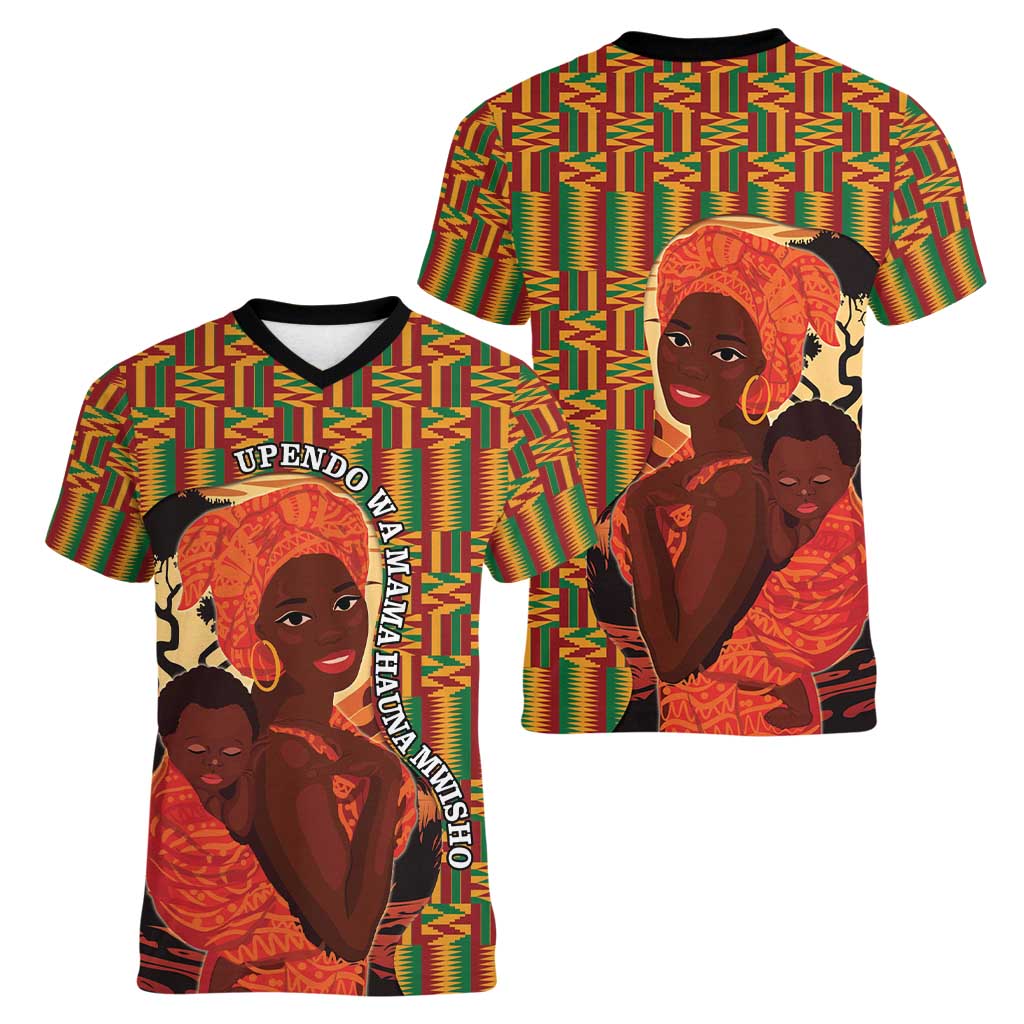 African-American Mother's Day Women V-Neck T-Shirt Black Mom And Son Kente Pattern