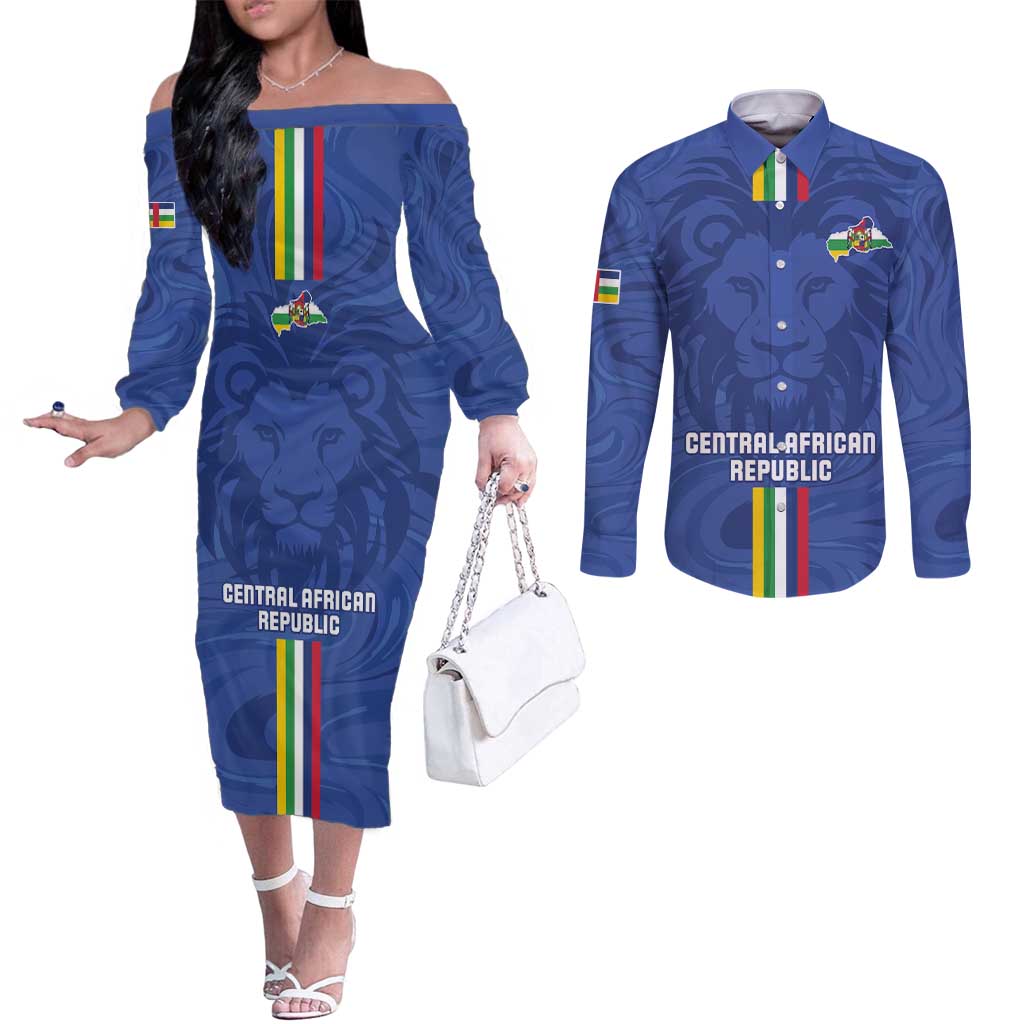 Custom Central African Republic Football Couples Matching Off The Shoulder Long Sleeve Dress and Long Sleeve Button Shirt Go Les Fauves Go