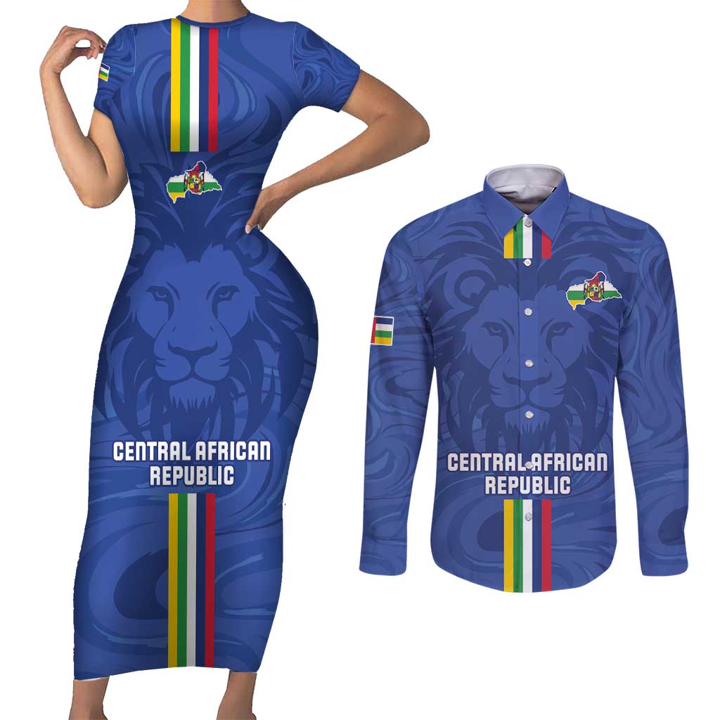 Custom Central African Republic Football Couples Matching Short Sleeve Bodycon Dress and Long Sleeve Button Shirt Go Les Fauves Go